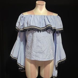 Blue and white striped off the shoulder shirt, size small